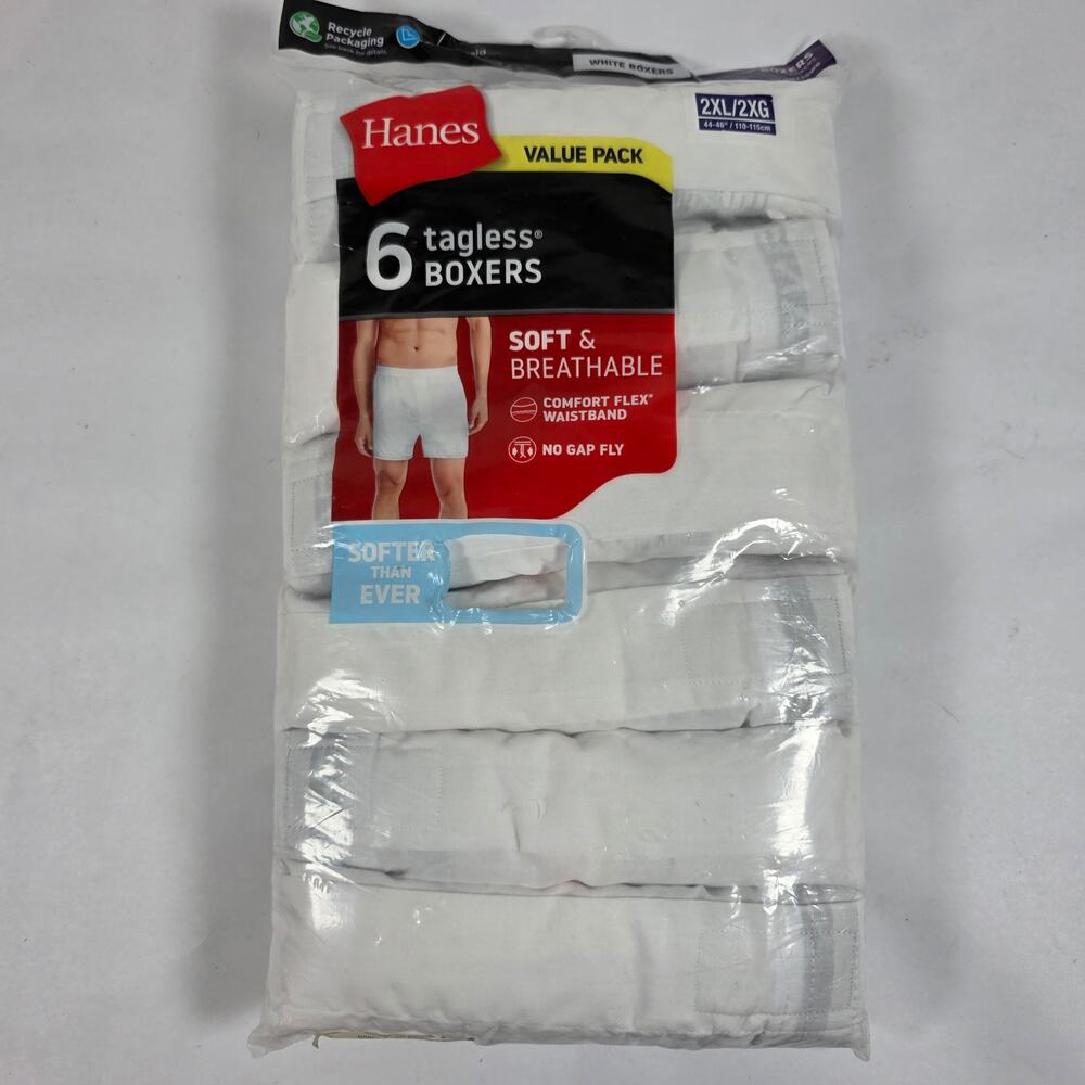 6-Pack HANES Mens 2XL 44-46 Tagless White Boxers Soft Breathable No Gap Fly